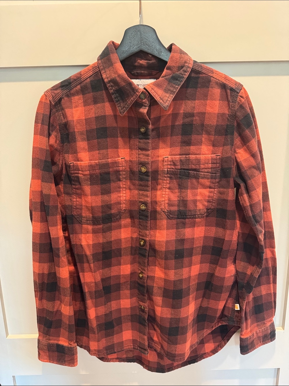 Carhartt Orange and Black Plaid Cotton Button-Down Shirt